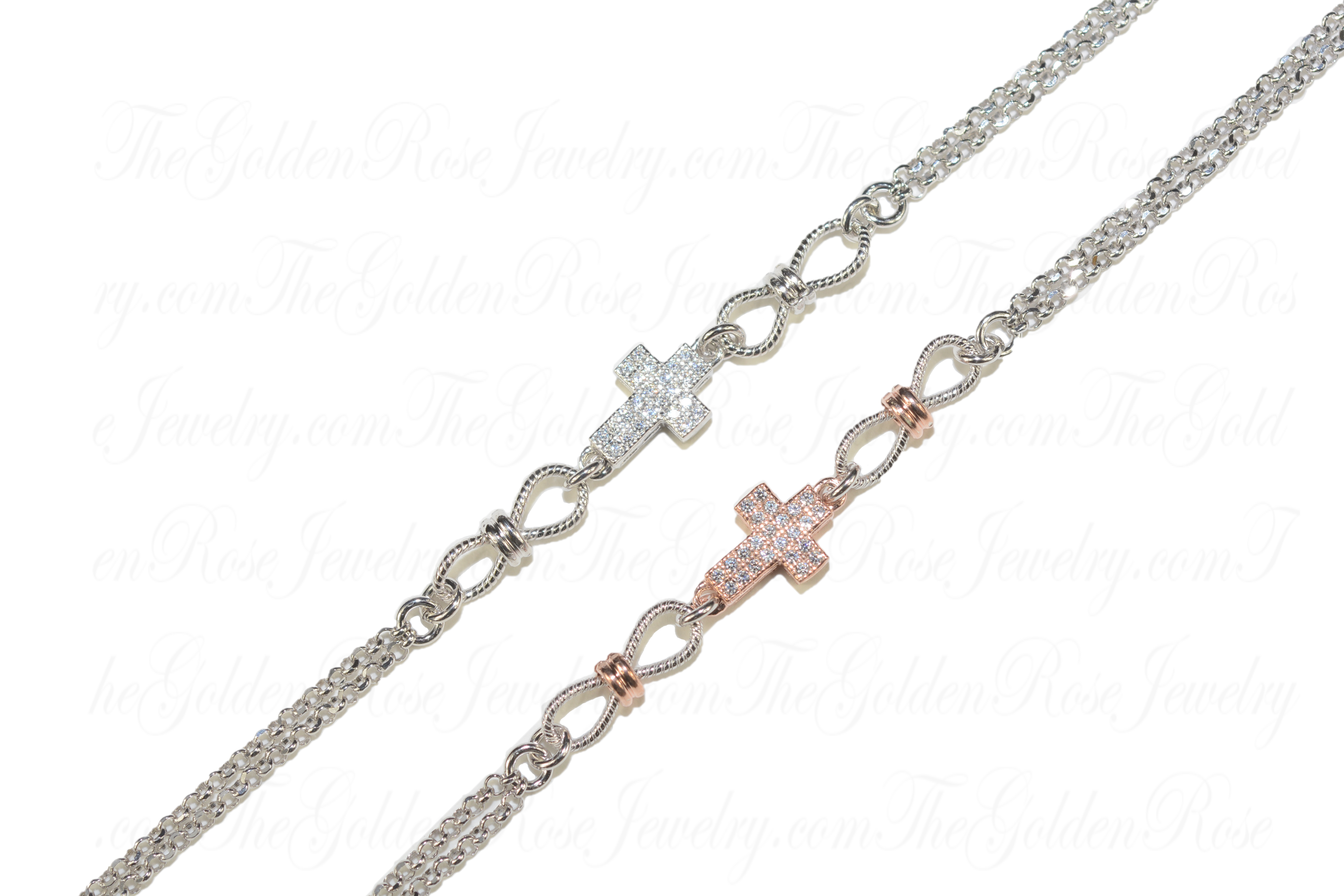 Bracelet Argent Croix Zirconium Double Chane 